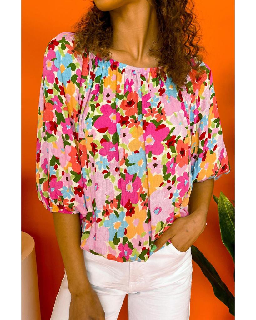 Azura Exchange Red Floral Print Puff Sleeve Pleated Elastic Neckline Blouse