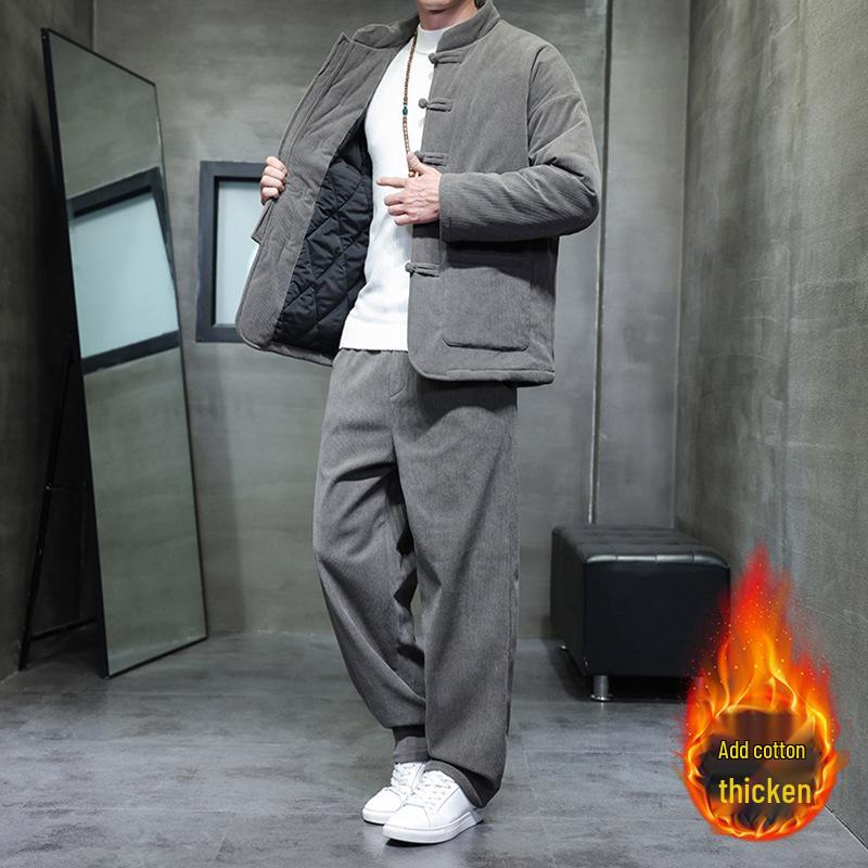 Men's Winter Chinese Style Corduroy Cotton Tang Suit - Thick, Warm Jacket Set