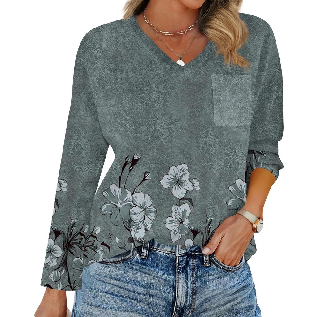 Dam Raglan Långärmad V-ringad T-shirt Sömnad Enfärgad Casual Topp Pullover V-ringad Ficka Underdel