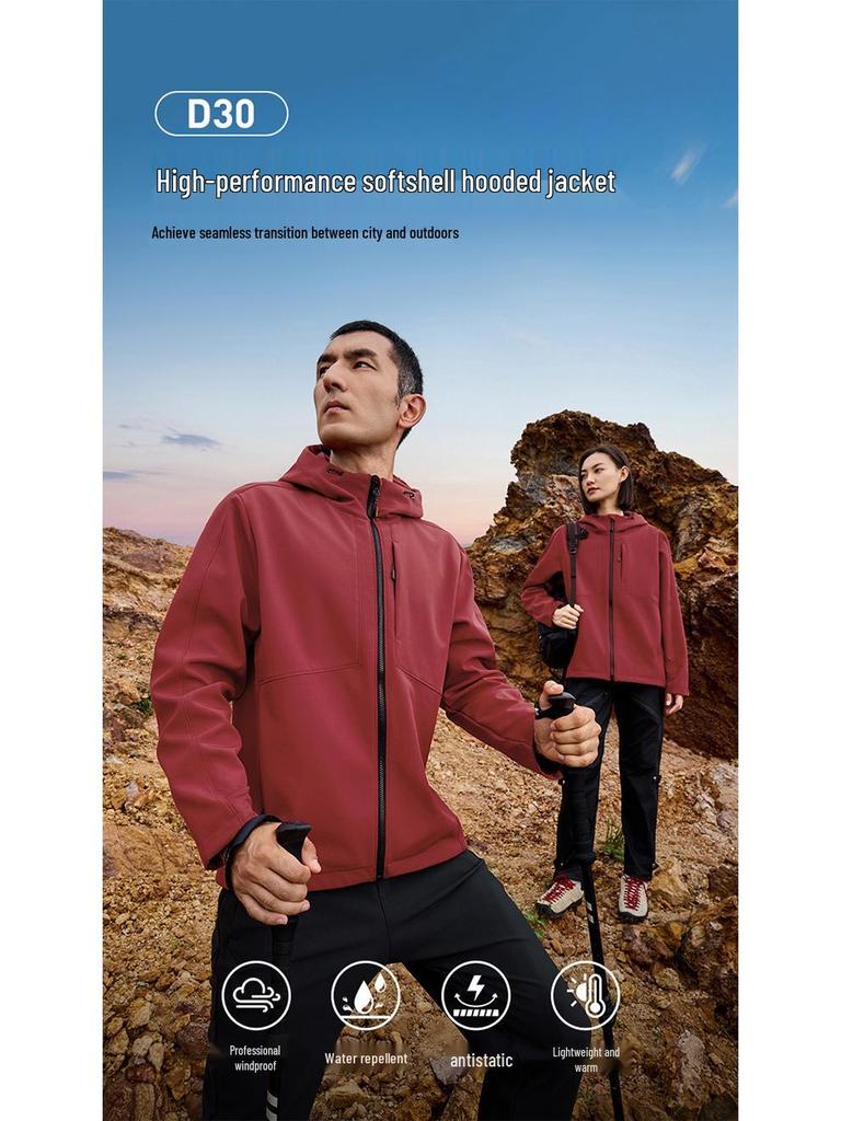 YKK Zipper Hooded Softshell Jacket - High Stretch, Waterproof, Anti-static, All-season Outerwear for Couples, Style D30