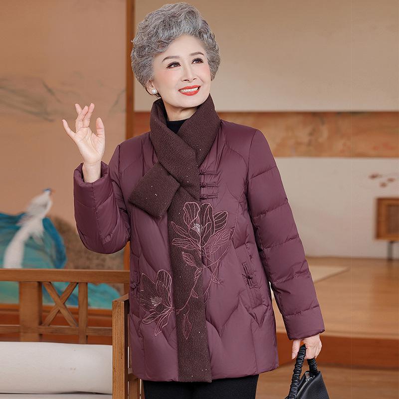 

Embroidered Winter Down Jacket for Mothers - White Duck Down, Thick, Stylish, Warm Outerwear for Middle-Aged and Elderly Women. 5XL (150-165 lbs)