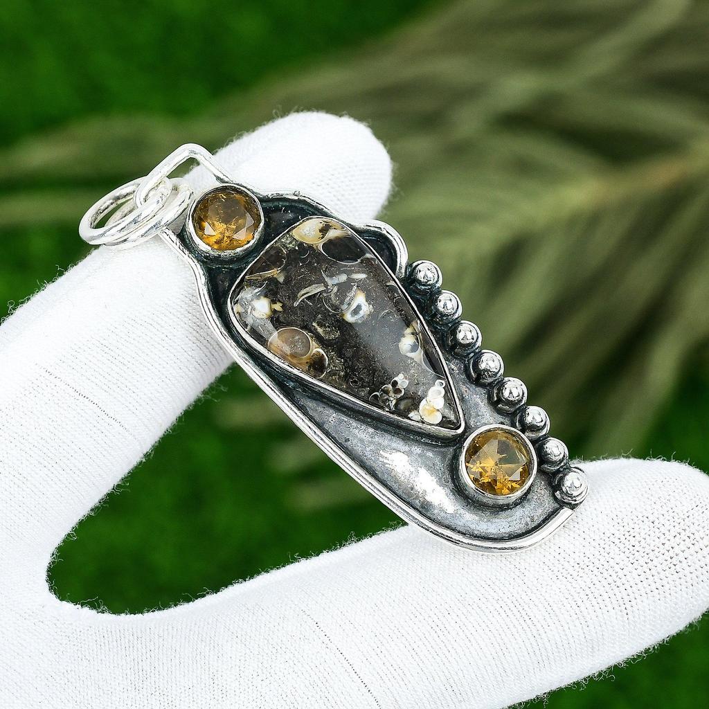 Natural Turritella Agate Gemstone Jewelry 925 Sterling Silver Pendant For Women