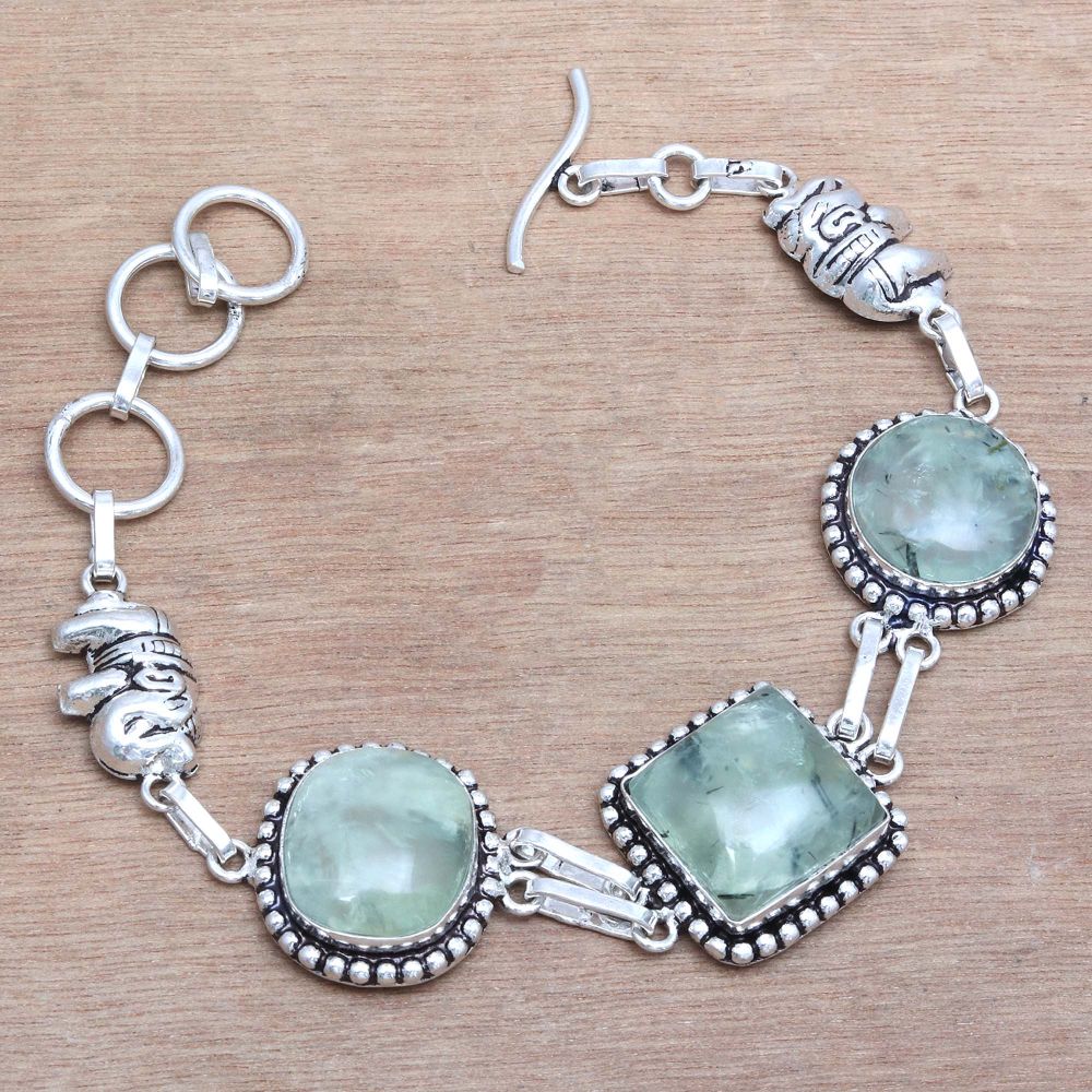 Prehnite Cabochon Gemstone Silver Jewelry Bracelets 7''Adjusable