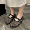 Fashion Woman Sandals Luxury Crystal Rhinestone Fishnet Flat Shoes Woman Designer Rivet Mesh Mary Jane Shoes Ladies Plus Size Sandals