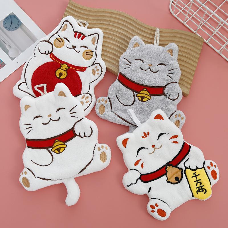 Coral fleece new lucky cat hand towel soft and absorbent cute embroidery can hang rag quick dry hand towel