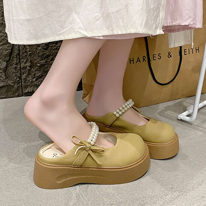Pearl fairy wind thick bottom heightening Mary Jane cool slippers women wear 2025 summer new bag head half slippers