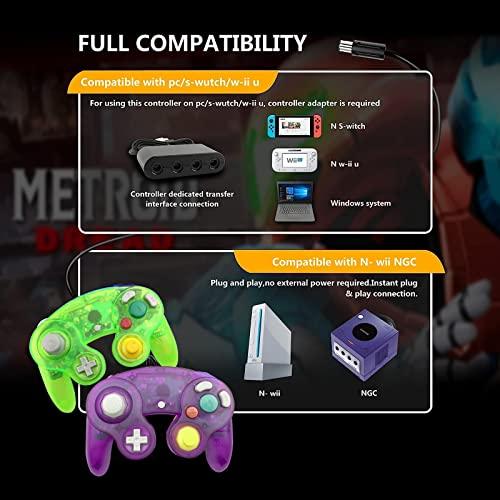 FIOTOK GameCube Controller Classic Wired Controller for Wii Nintendo Gamecube (Clear Purple & Clear Green - 2 Pack)