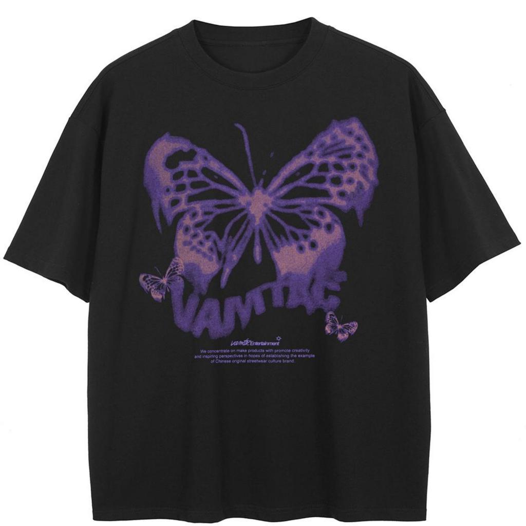 T-shirt Nera Grafica Farfalla Streetwear Cotone Unisex Top T-shirt Maniche Corte Estiva