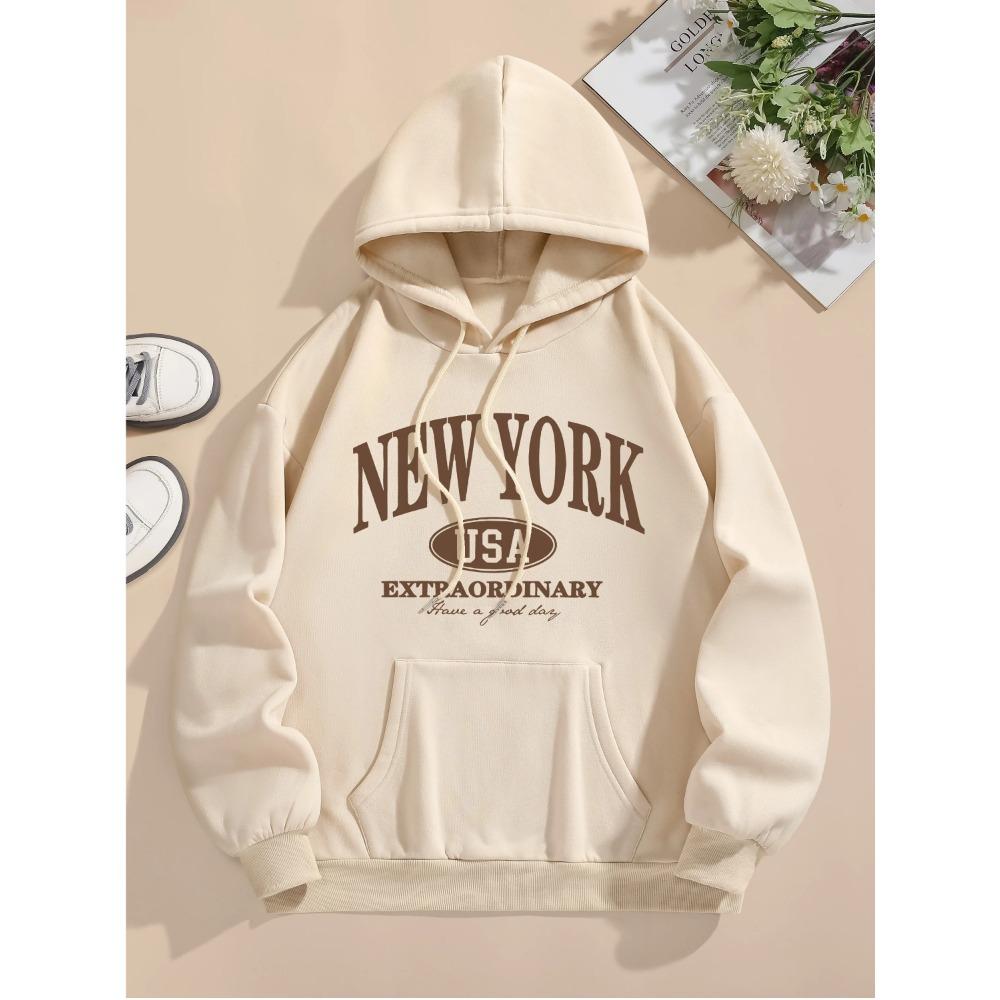 

New York Letter Printed 2025 Autumn Winter Hoodie Drawstring Long Sleeve Casual Hooded Sweatshirt for Women s Clothing S