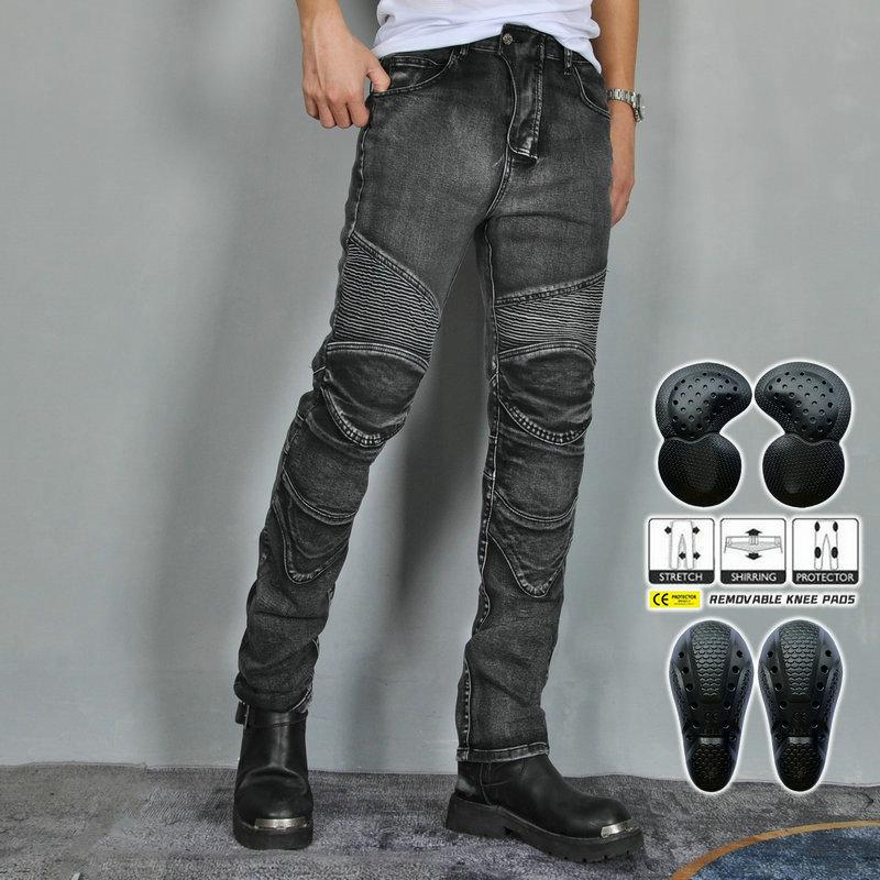 Gl Discount Mall VOLERO+VOLERO+Motorjeans Heren Vintage Elastic Straight Barrel Wash Zilver Motorrijden Anti Drop Broek 4XL grijs