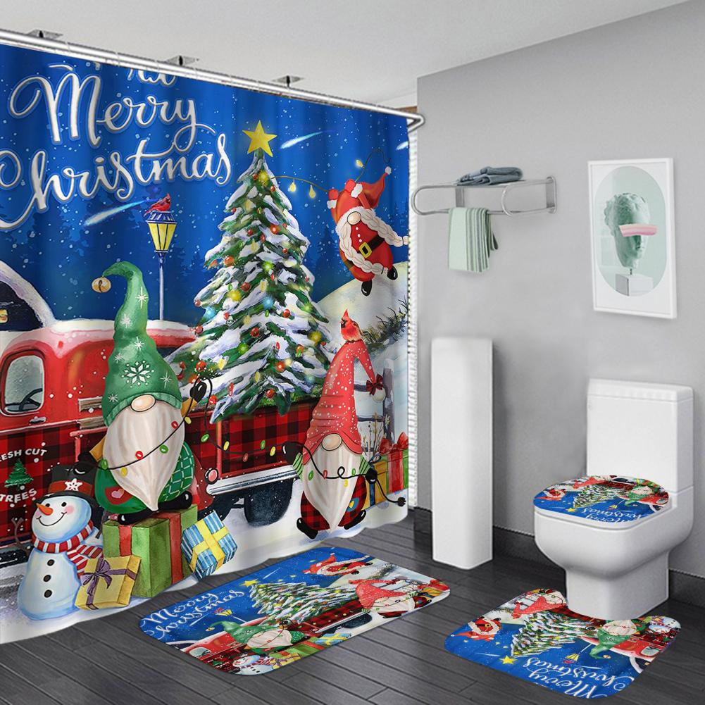 Merry Christmas Bathroom 4Pcs Set Snowman Santa Claus Pattern Waterproof Shower Curtain Toilet Cover Mat Non Slip Rug Home Decor