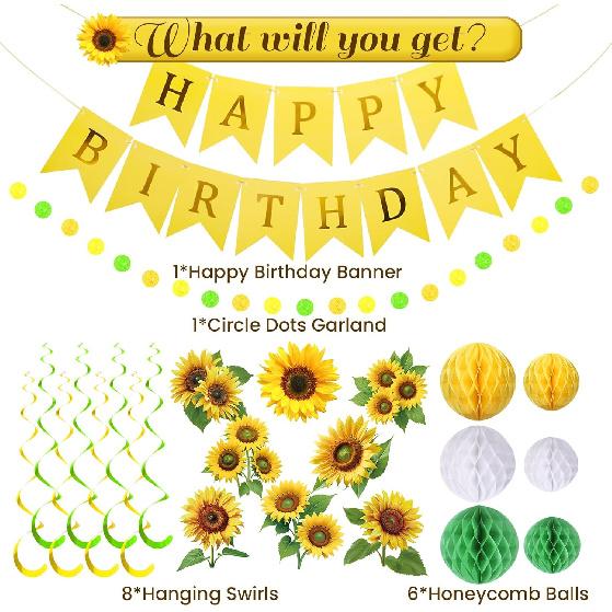 Sunflower Birthday Party Decorations Green Yellow Sunflower Banner with Honeycomb Balls Hanging Swilrs and Circle Dot Garland for Boy Girl Sunflower