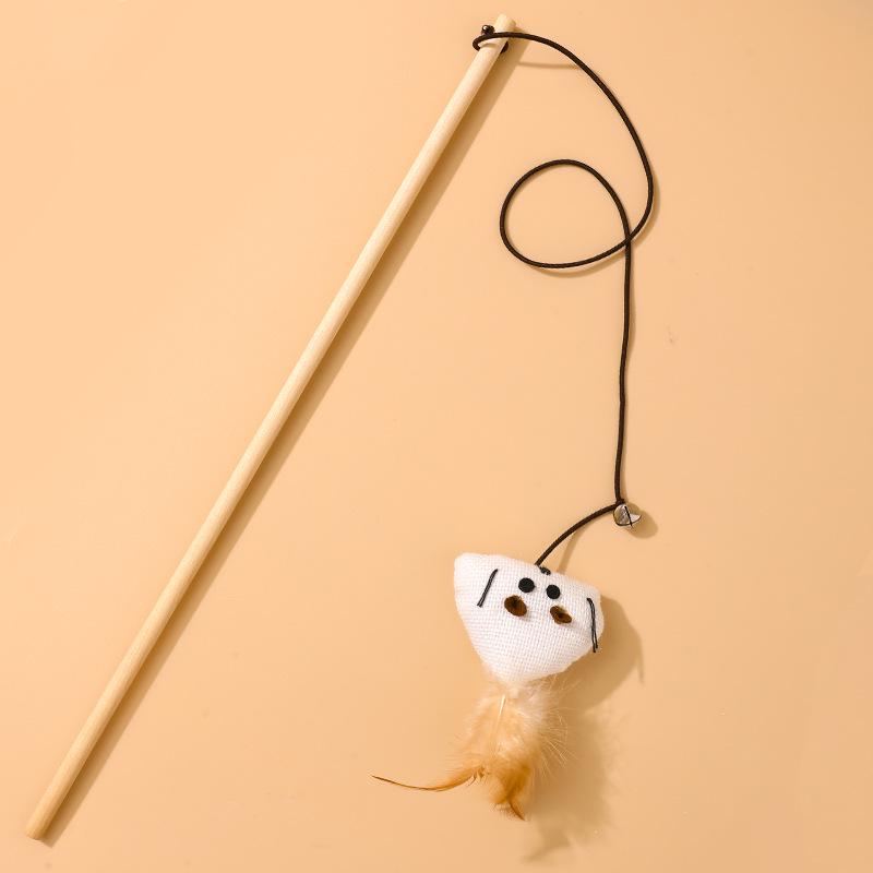 Wooden Cat Teaser Toy with Feather, Bell & Mouse for Interactive Play OPP Bag