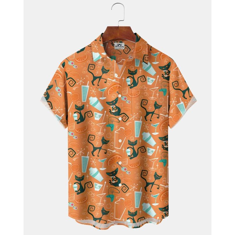 Men's Cute Cat Cartoon Geometric Print Hawaiian Shirt Short Sleeve Casual Beach Vacation Summer Button-Up Top