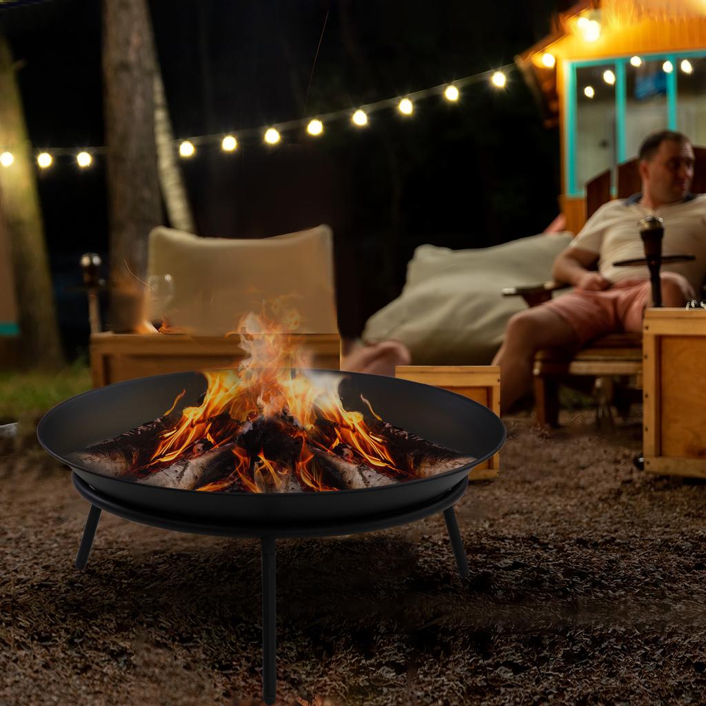 Outdoor Fire Pit Portable Round Firepit With Poker For Garden Camping Bonfire Picnic Dia 47 X 21 Cm Black
