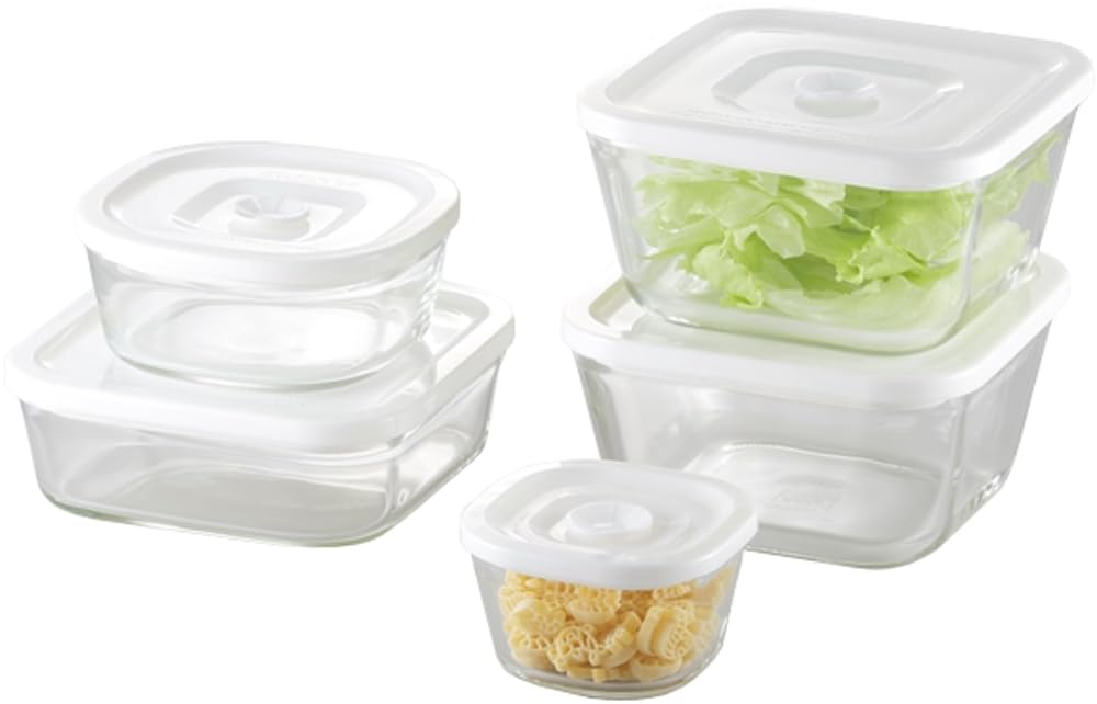 

iwaki Glass Airtight Container White Square 5 Piece Set Airtight Pack Range Heat-resistant & PSC-MP-5W1