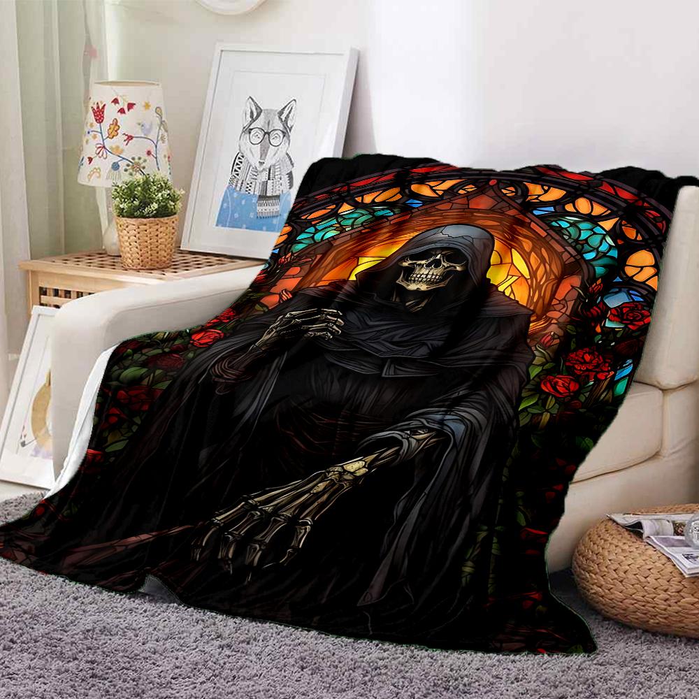 1Pc Gothic Glass Reaper Flannel Blanket, Soft And Comfortable, Casual Warm, Camping Travel, Christmas, Halloween Xmas Gift. G13
