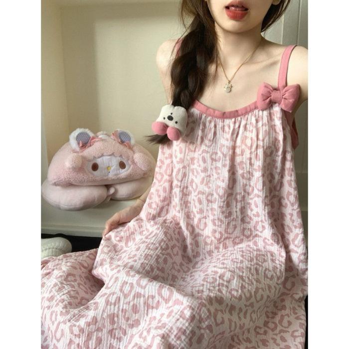 Popular pink leopard print suspender nightdress women s pajamas women s summer new pure desire wind student large size loungewear outer wear 160(M)