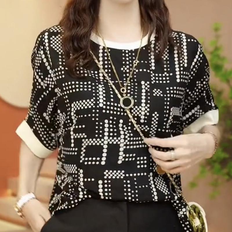 Women's Summer New Fashion Elegant Round Neck Patchwork Contrast Color Printing Geometric Loose Short Sleeve Casual T-shirt Tops