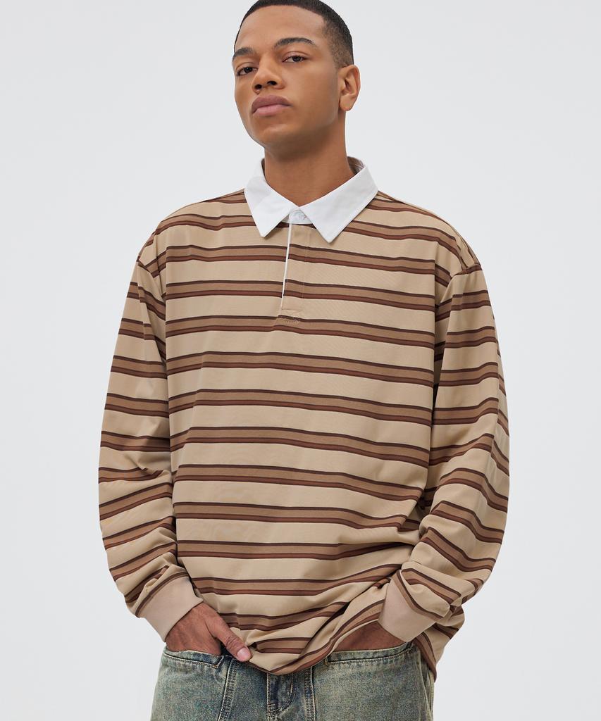 TRILLION Striped Rugby Oversized Pique Polo Shirt [Beige]
