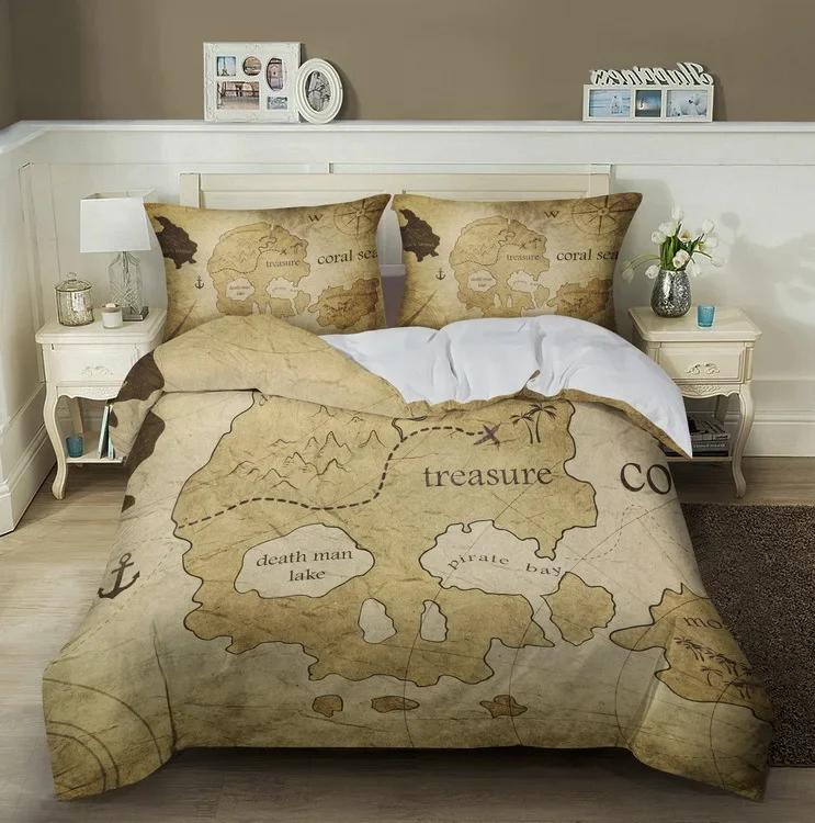 Nautische Karte Bettwäsche Set King Queen Braun Vintage Stil Seekarte Kompass Bettbezug Ozeankarte Polyester Bettdeckenbezug
