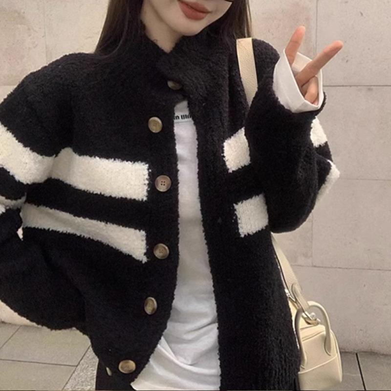 Fashion Turtleneck Striped Knitted Cardigan Women's Sweater Autumn and Winter Coat Loose Simple Casual Office Top Ladies Clothing