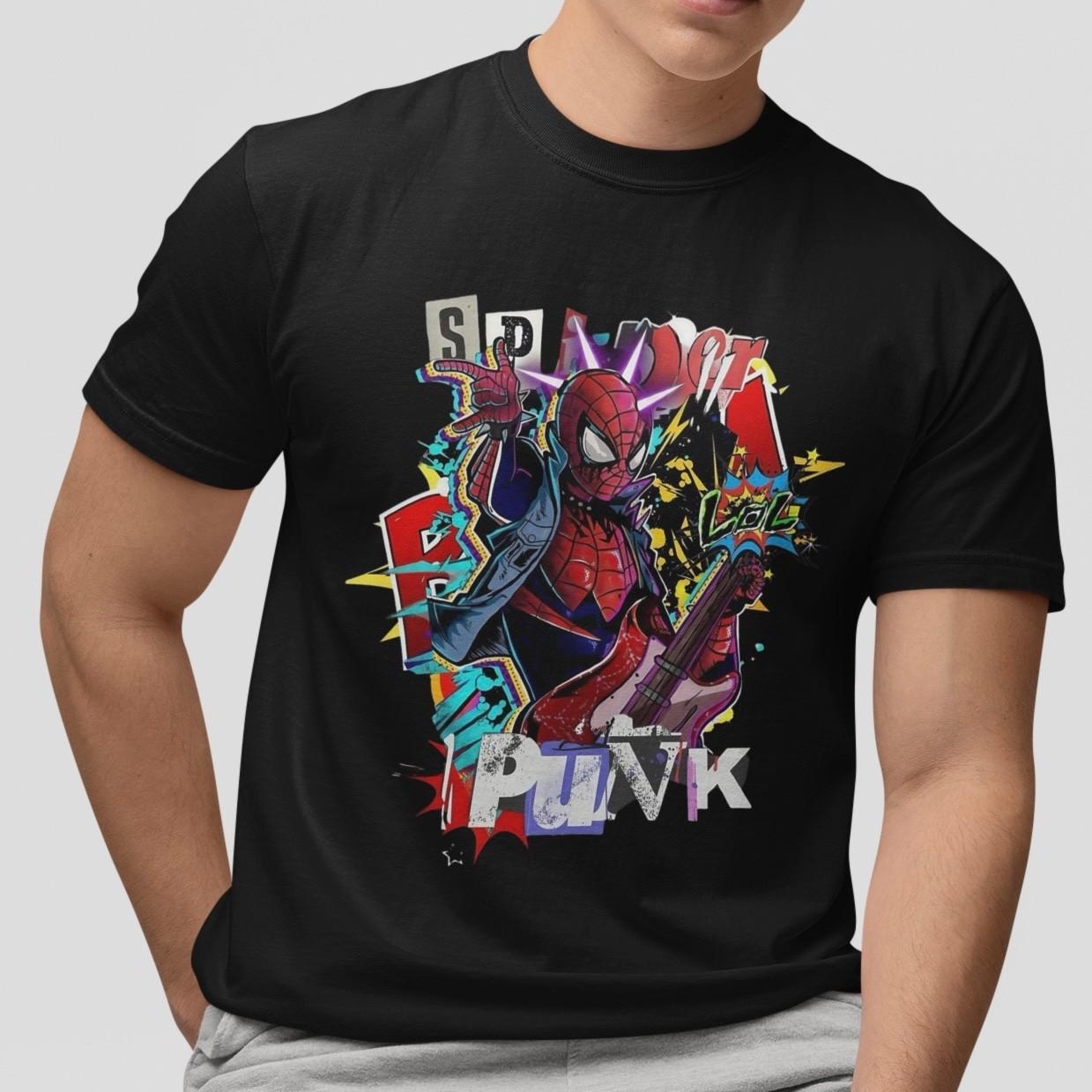 Spider Punk T-Shirt Cool Rock Guitar Hero Graphic Tee Superhero Streetwear S