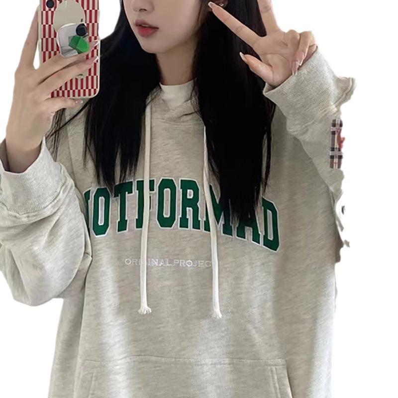 Padded Hooded Sweatshirt Female Autumn and Winter Loose Letter Printing Student Jacket Long-sleeved Tops Fashion Retro Versatile Sweatshirt