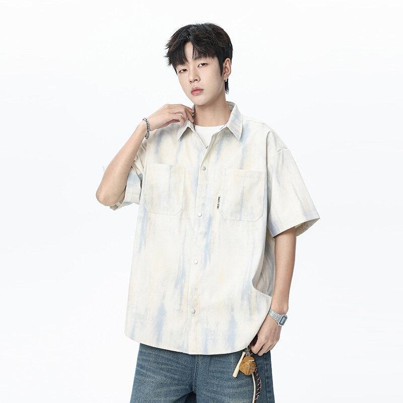 Men Vintage Tie Dye Loose Casual Short Sleeve Turn Down Collar Shirt