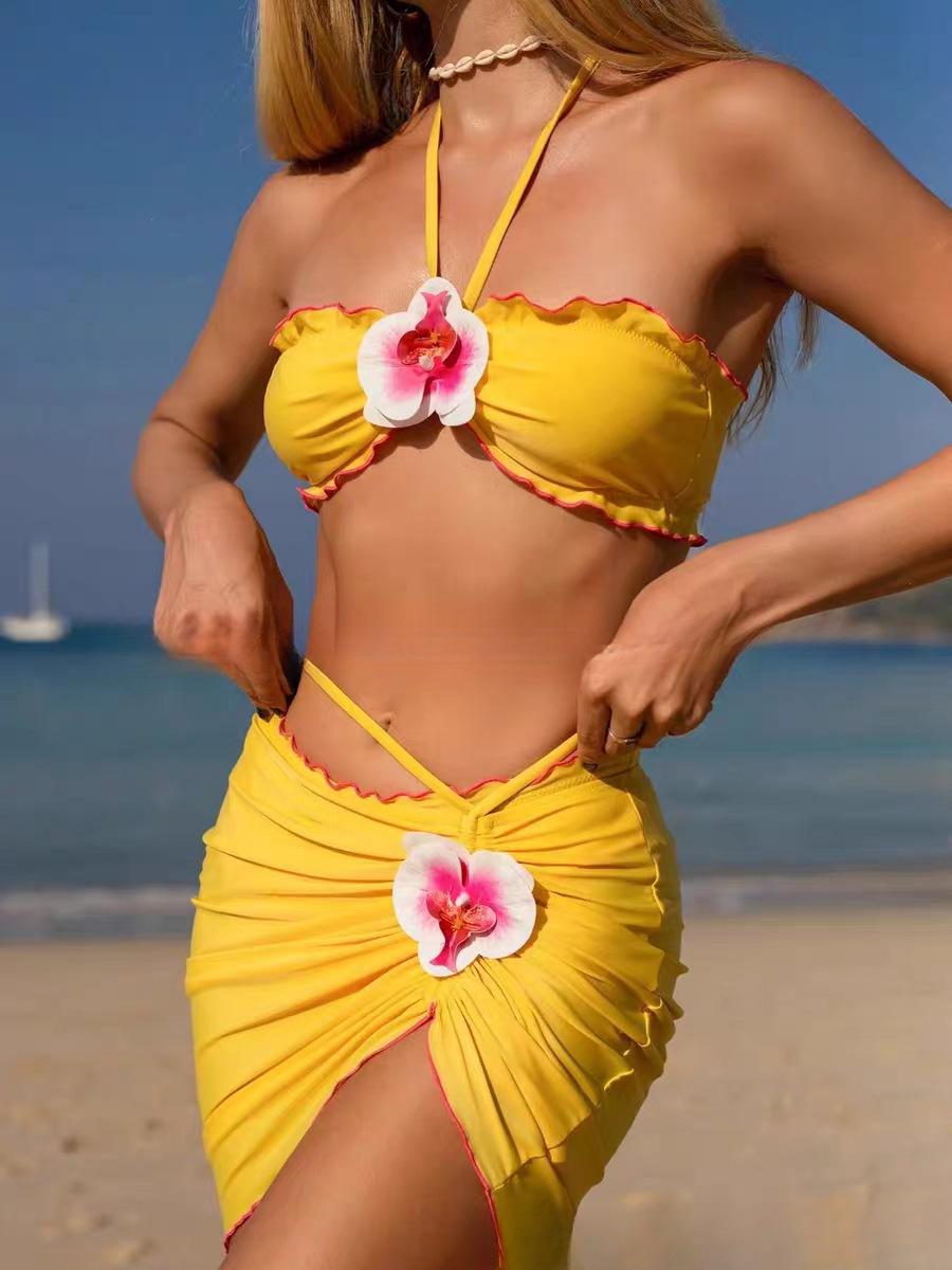 

3D квітковий бікіні-бандо з драпірованою максі-сукнею для сексуального відпочинку на узбережжі. XL жовтий