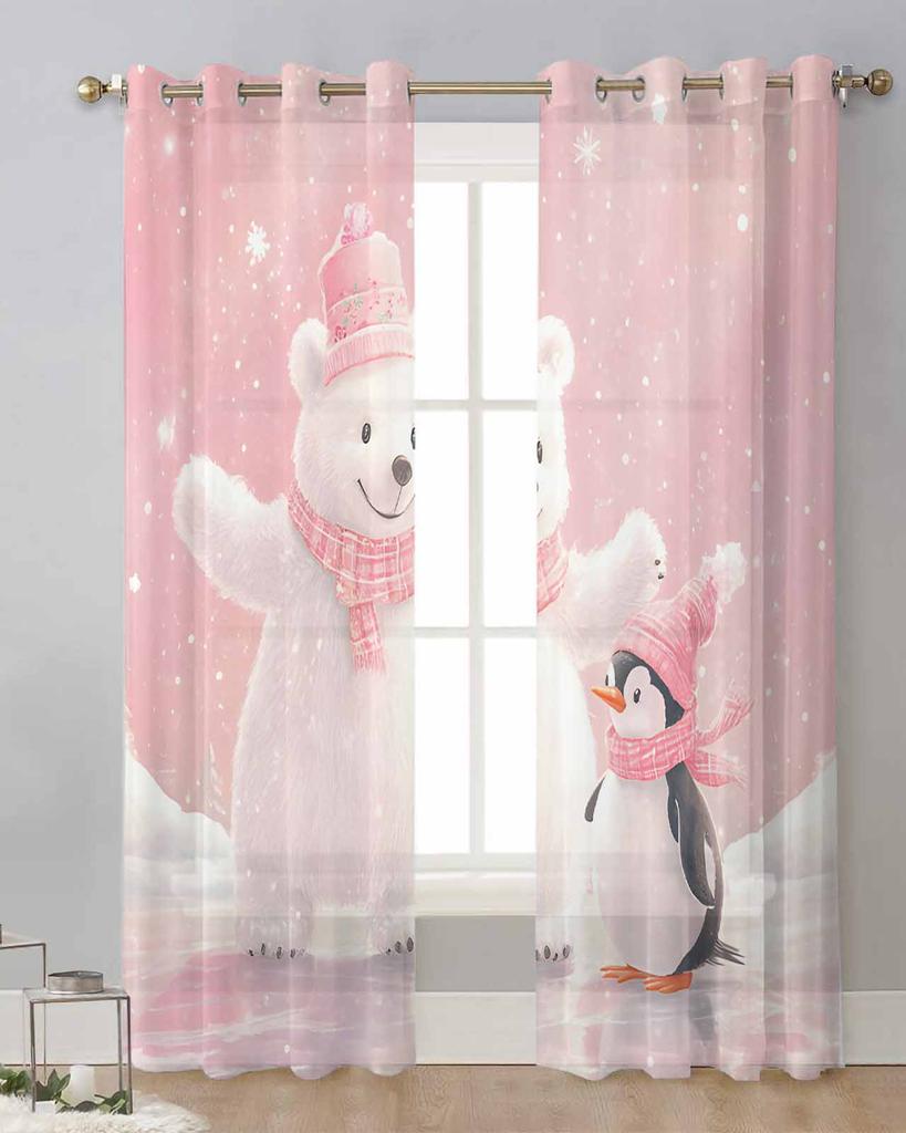 Weihnachten Rosa Weiß Bär Pinguin Transparente Vorhänge zur Wohnzimmerdekoration Fenstervorhänge Küche Tüll Voile Vorhänge