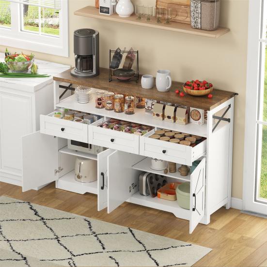 Buffet Sideboard 140cm with Storage Space, Coffee Bar with 3 Drawers, Country Style Console with Doors, Cupboards with Shelves, Suitable for Kitchen,