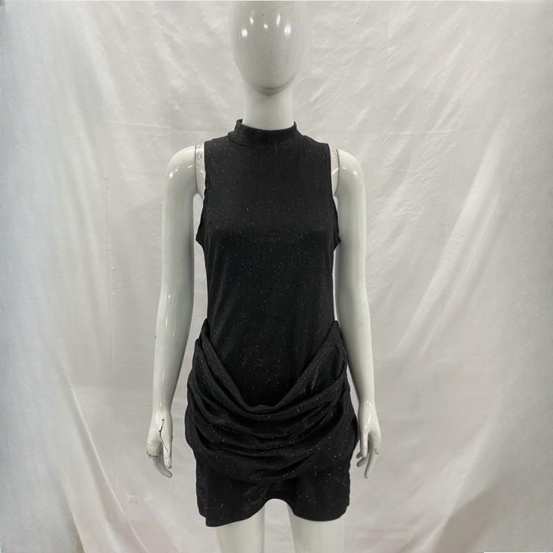 

European and American retro temperament sexy slim fit half high neck sleeveless pleated patchwork dress for women s wear L чорний