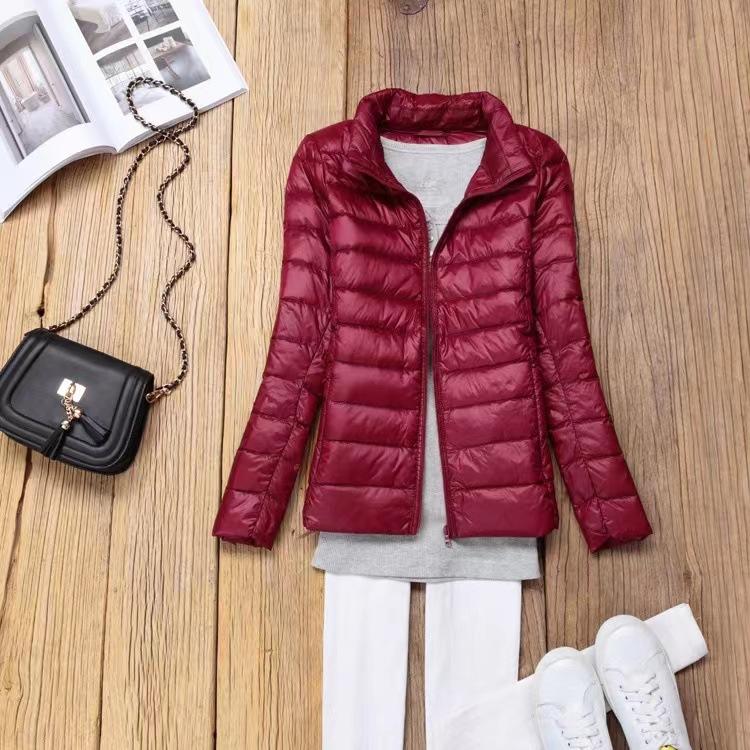 Women's Autumn and Winter Large Size Short Standing Collar Jacket Warm Slim Zipper Top Free Storage Bag