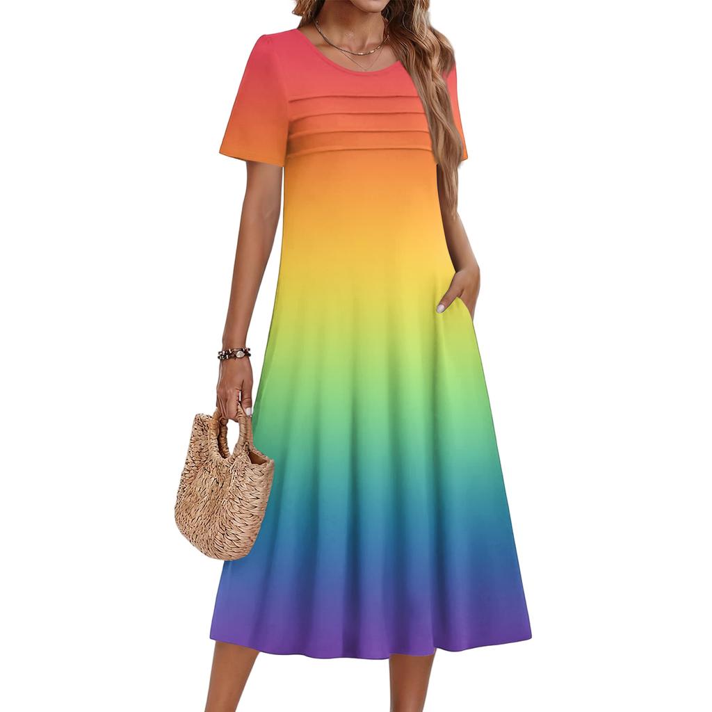 Ladies' Gradient Printed Casual And Fashionable Short Sleeved Round Neck Dress