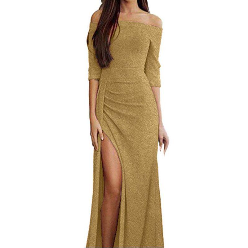 Elegant Women Casual Long Sleeve Patchwork Sequined Off Shoulder Pullover Dress