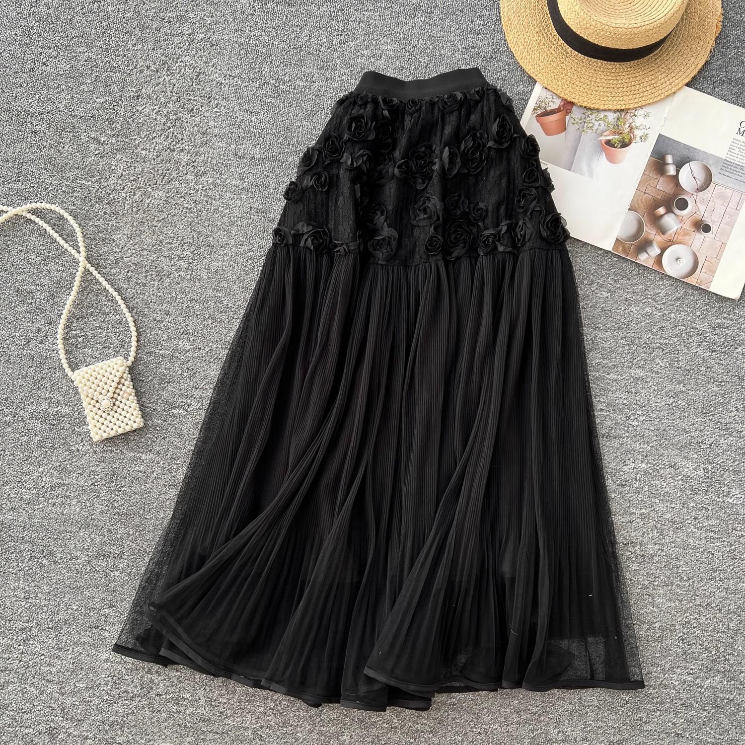 

DIMANAF 2025 Летние женские новые юбки винтажные эластичные плиссированные элегантные белые длинные юбки кружевные с высокой талией one size fits all чёрный