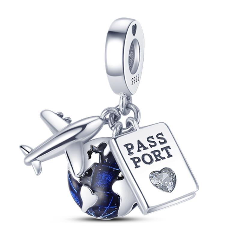 Fit Original Copper Charm Beads Airplane Camera Earth Travel Charms Pendant Safety Chain For Woman Fine Diy Jewelry