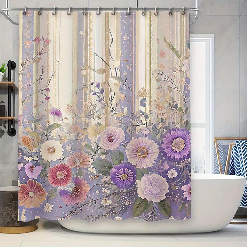 

Luxurious Bath Shower Curtain With Floral Print Light Purple White Stripes Waterproof Fabric Modern Bathroom Decor Size 72X84Inc W60H190(CM)-1 Pcs