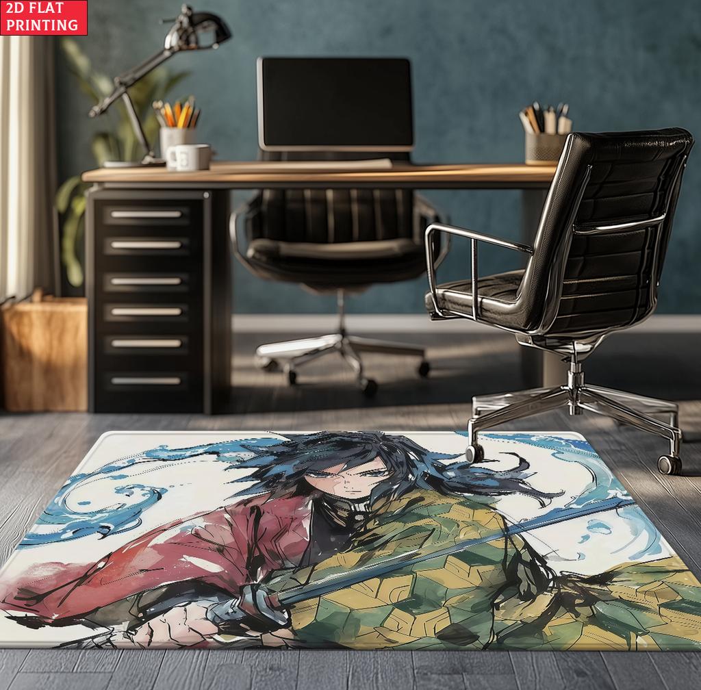 Anime Swordsman Area Rug, Blue Water Wave Theme  Floor Mat, Decorative Carpet for Gaming Room Bedroom, Washable Home Decor Gift