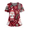 Women's Christmas Print V-Neck Double Pocket Short Sleeves Hem Slit Uniform And Caregiver Top