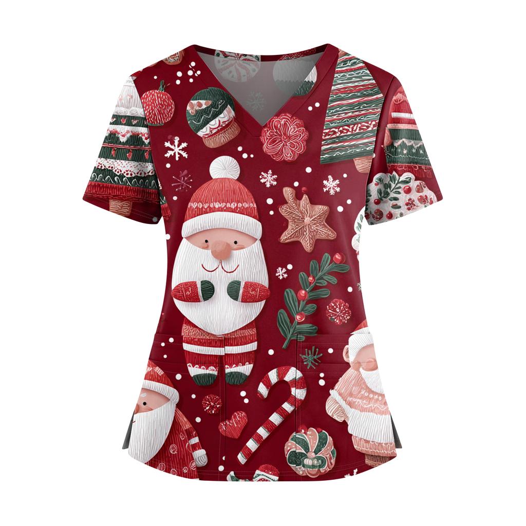 Women's Christmas Print V-Neck Double Pocket Short Sleeves Hem Slit Uniform And Caregiver Top