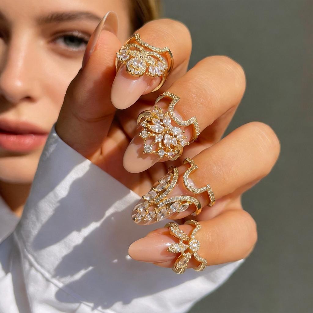 Exquisite Shiny Zircon Nail Ring for Women Romantic Geometric Flower NailCap Ring Charms Hip-Hop Punk Party Stackable Jewelry