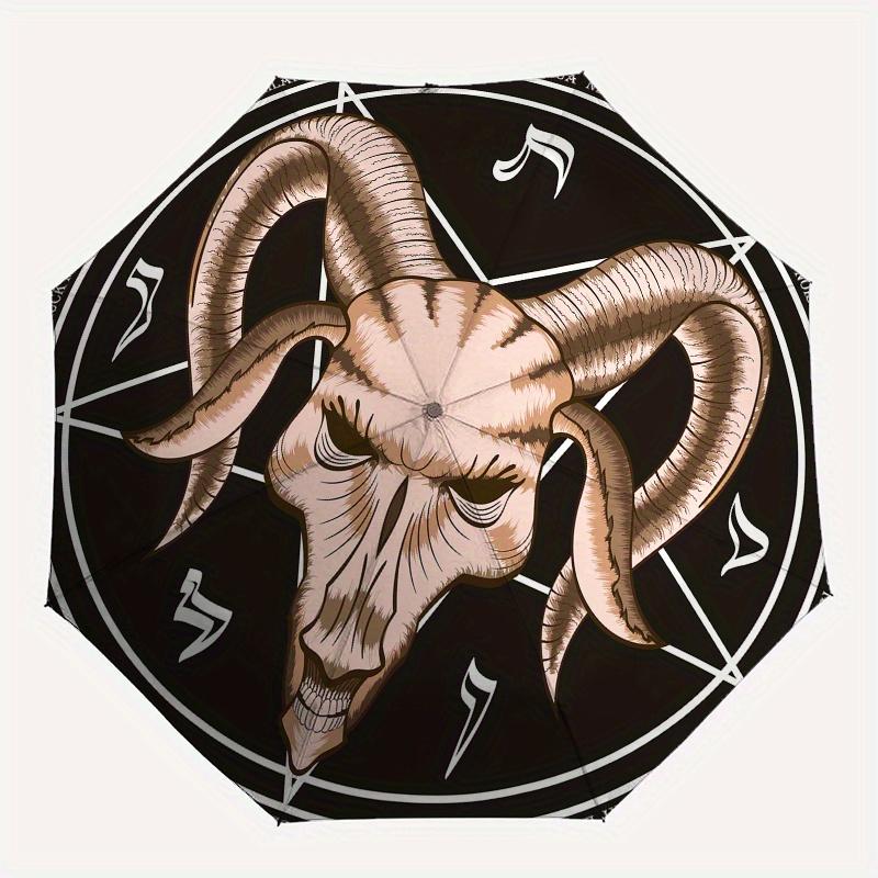 "Devilish Ram Skull Pentagram Tattoo Design Sticker" Umbrella, Cute Umbrella with Cute Design, Portable 3-Fold Compact Umbrella for Men & Women, Valen