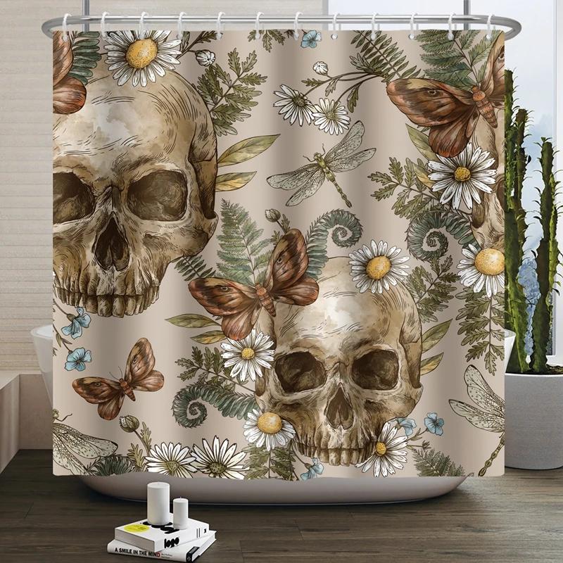 Floral Skull Shower Curtain Mushroom Gothic Halloween Bathroom Decor Curtain Skeleton Butterfly Vintage Artwork Bathtub Curtain