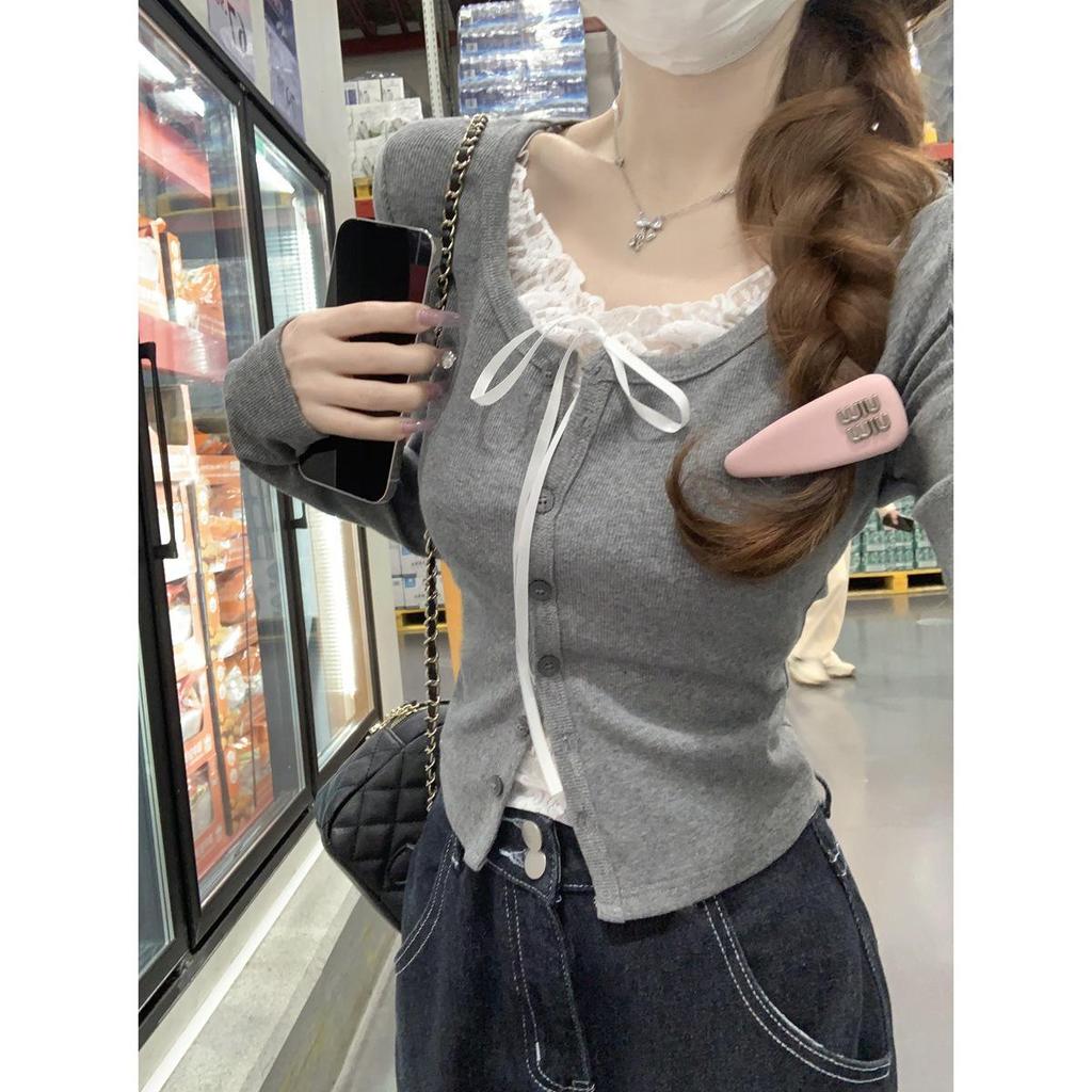 Lace Faux Two-Piece Long-Sleeve T-Shirt for Women - 2025 Spring Slim Style with Bow Detail