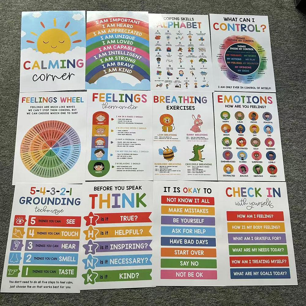 12 Calming Corner Classroom Posters Feelings Wheel Poster Calm Down Corner Mental Health Poster for Classroom Wall Decoration