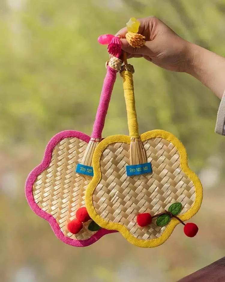 Cherry Handmade Mini Cattail Fan - Cute Cartoon Design, Portable Ancient Chinese Style for Summer