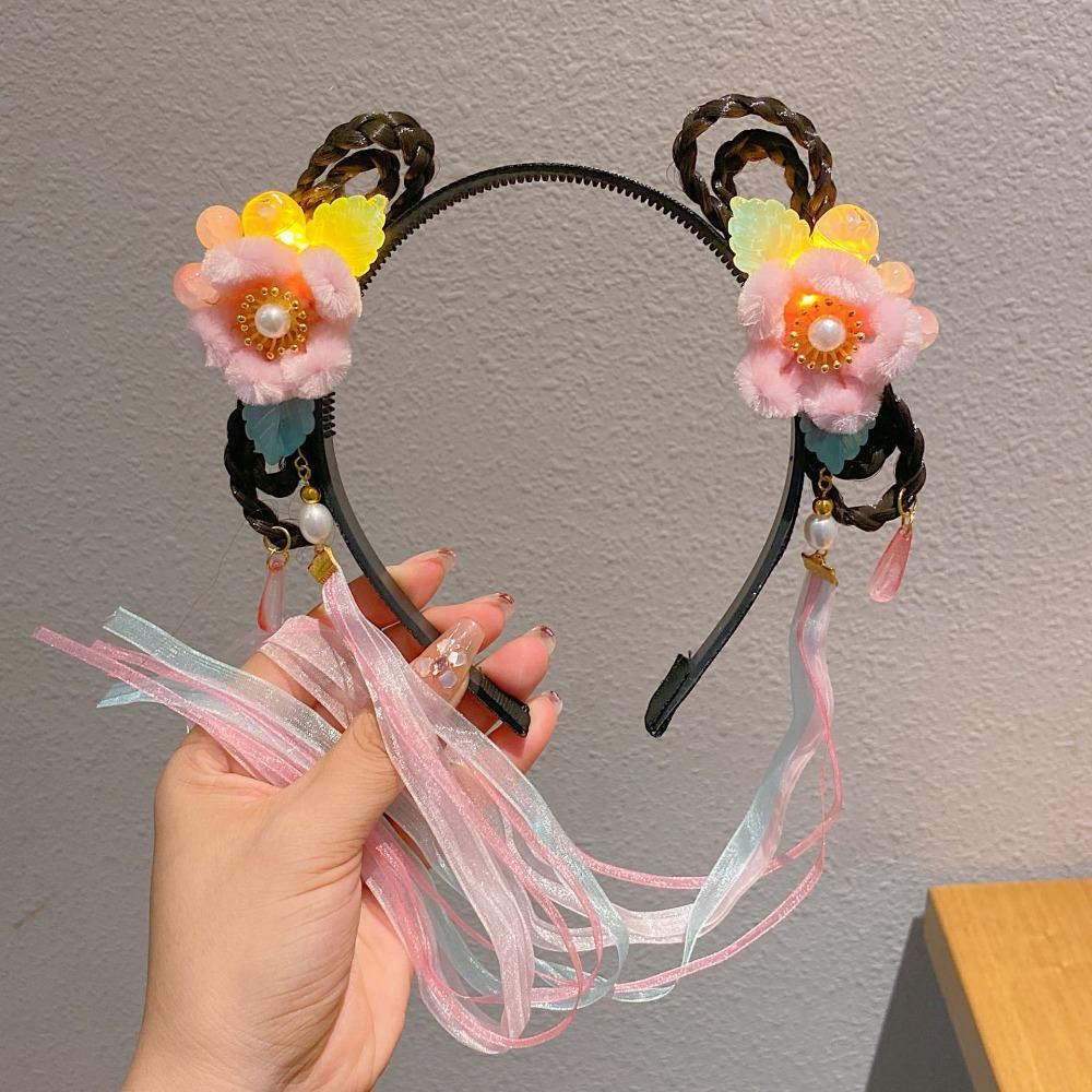 Red Flower Tassel Hairband Pigtail Wig Chinese Style Hair Hoop Fashion Hanfu Wig Headband  Children
