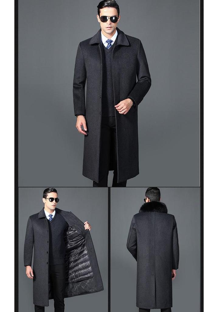 Men's Winter Wool Overcoat with Real Fur Collar and Detachable Liner - Knee-Length Jacket for Middle-Aged and Elderly